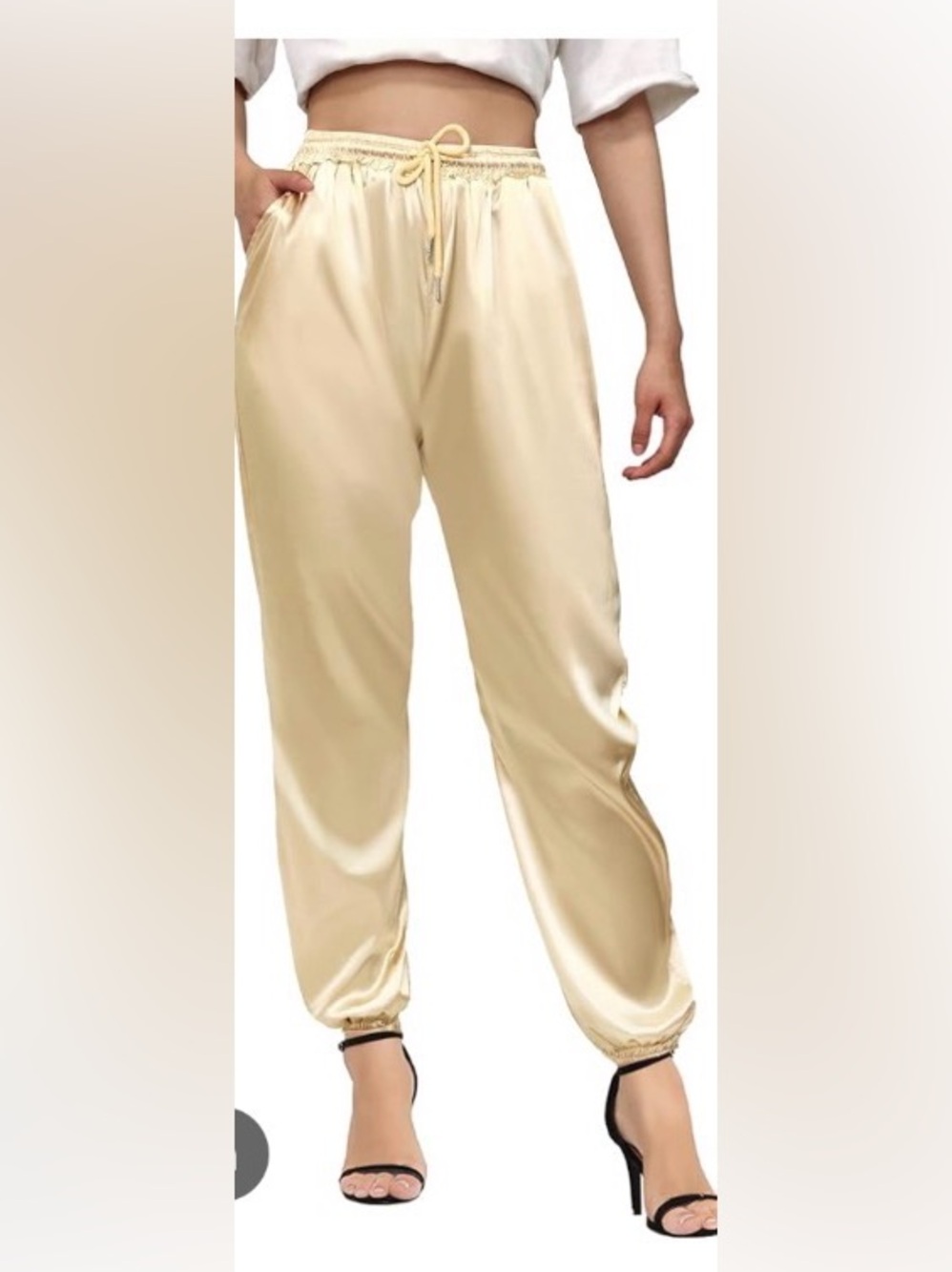 SPRWMN Satin Drawstring Joggers in Champagne